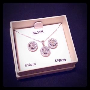 Sterling Silver 1/10 ctw Diamond Studs & Necklace